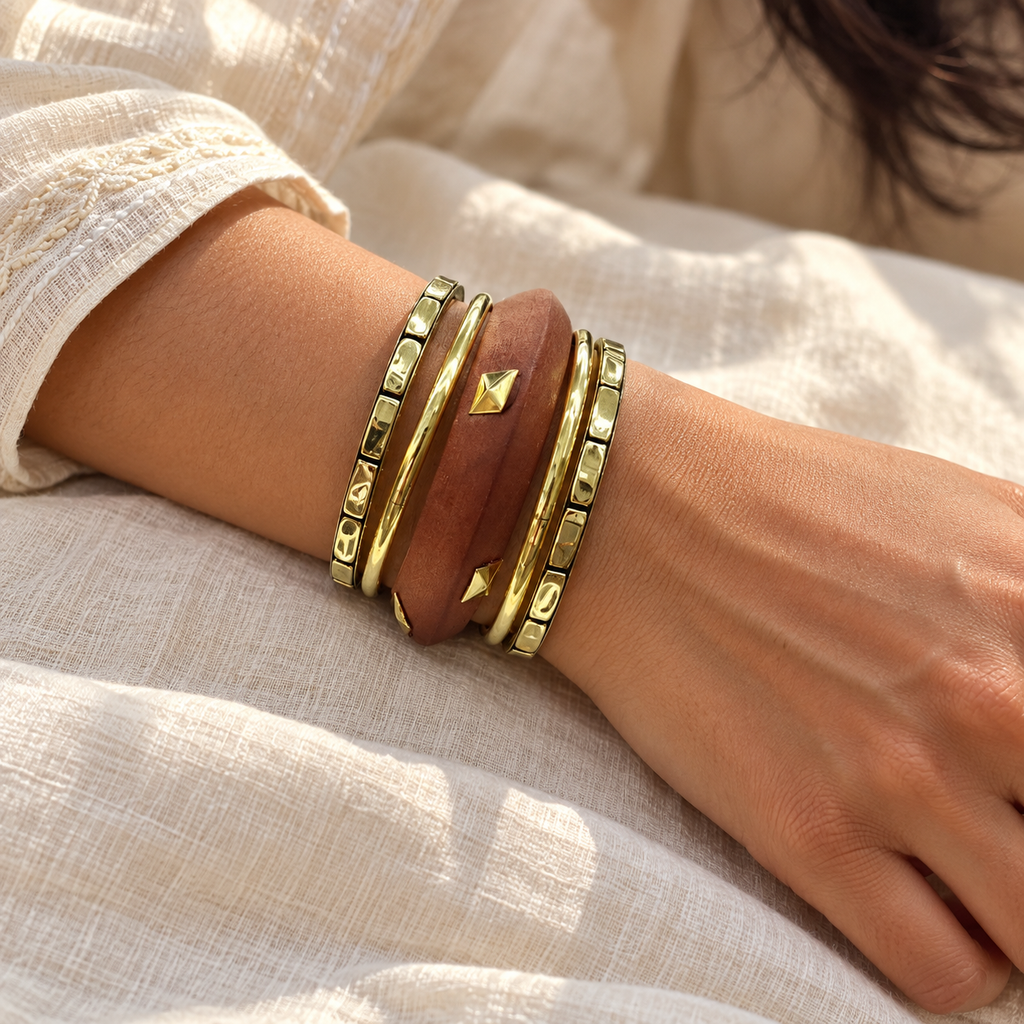 Earth Pyramid Bangle Stack — Lifestyle view