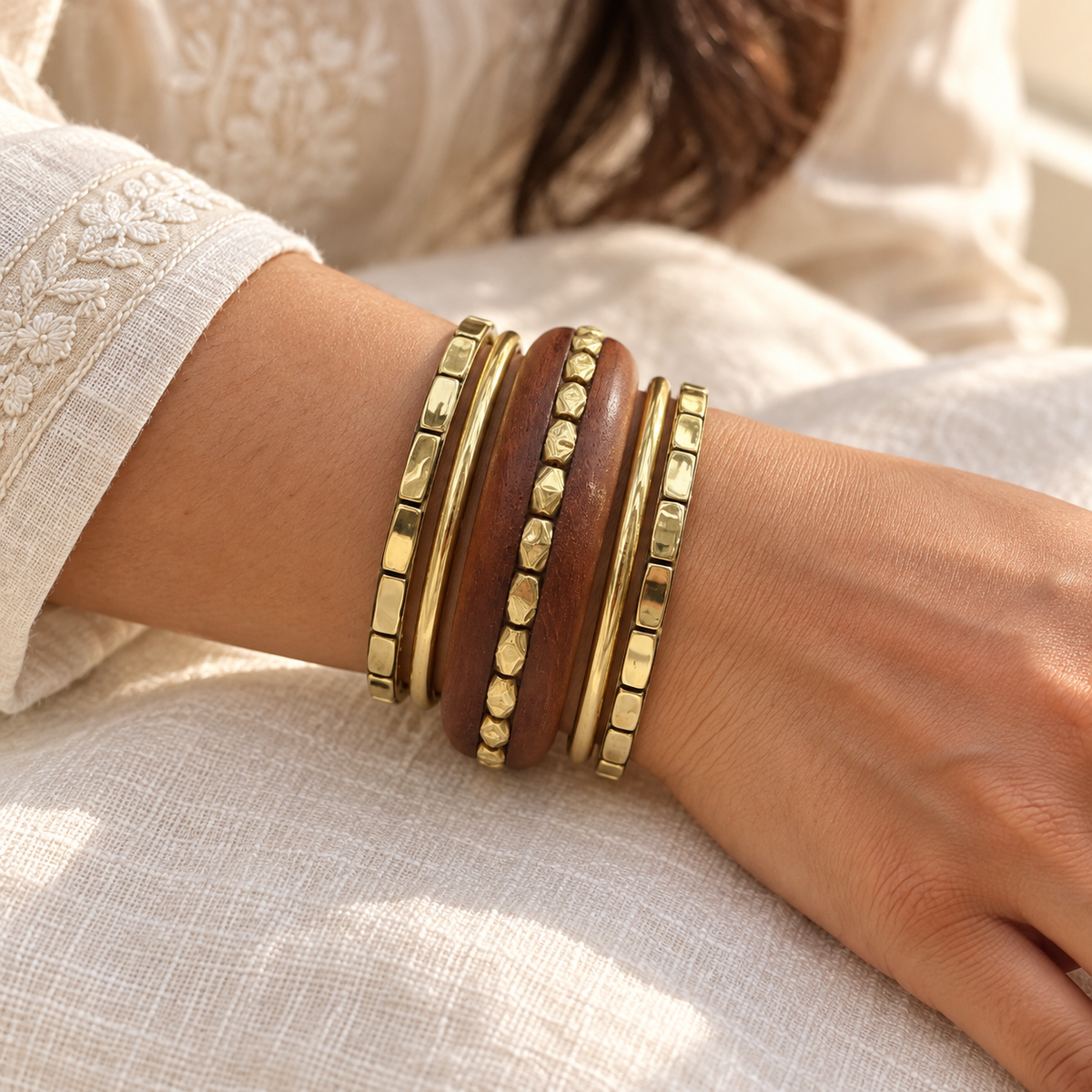 Earth Stud Bangle Stack — Lifestyle view