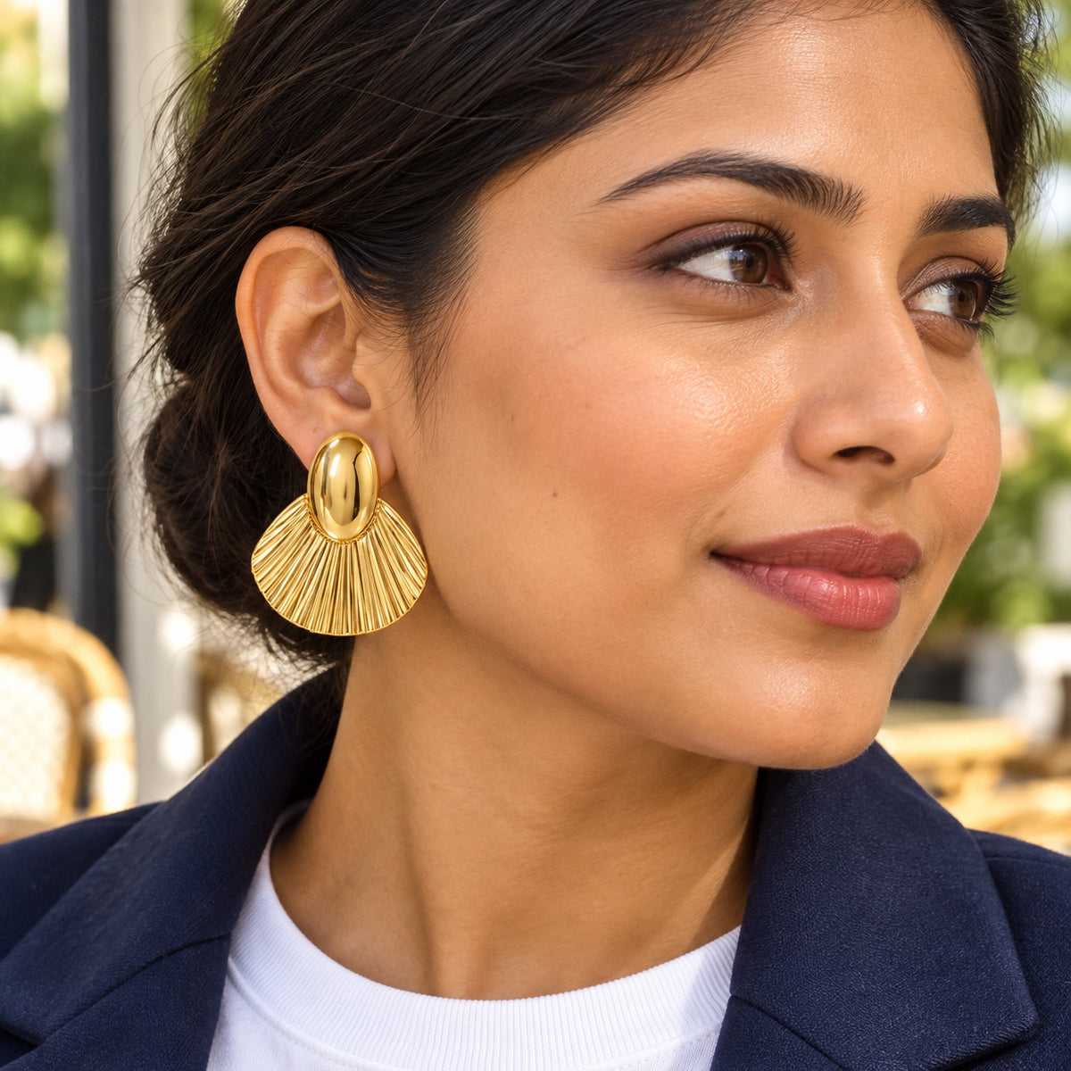 Golden Fan Earrings — Lifestyle view